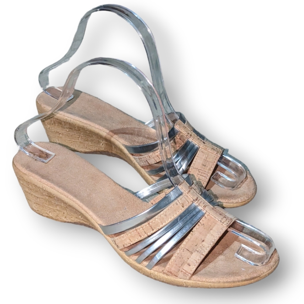 Woman's Cork Wedge Sandals with Cork & Silver Toe Strap by Italian Shoe Maker